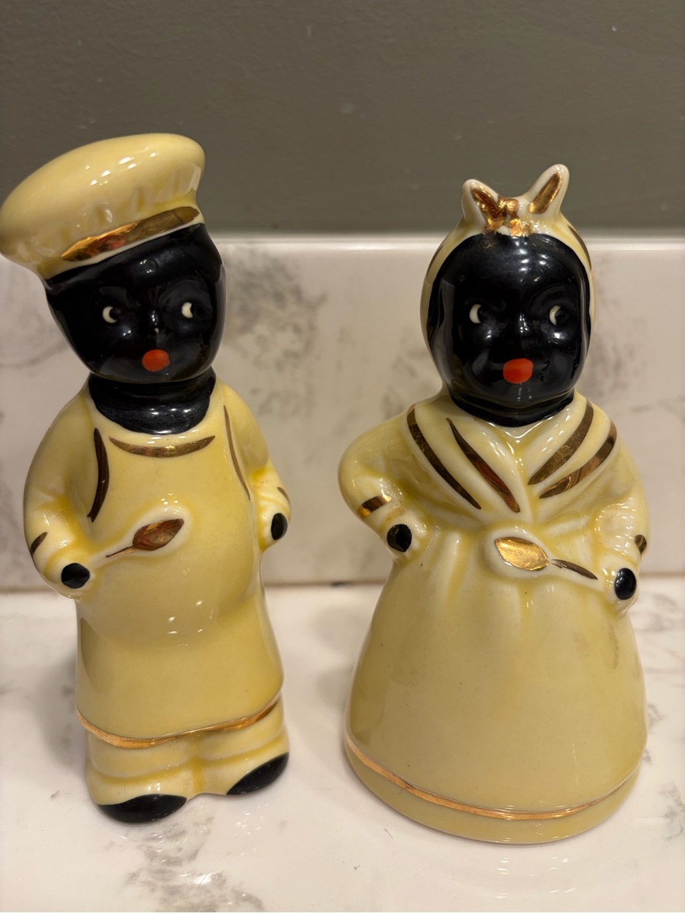 Vintage Yellow Ceramic Figurine Pair with Gold Accents - Decorative Home Art